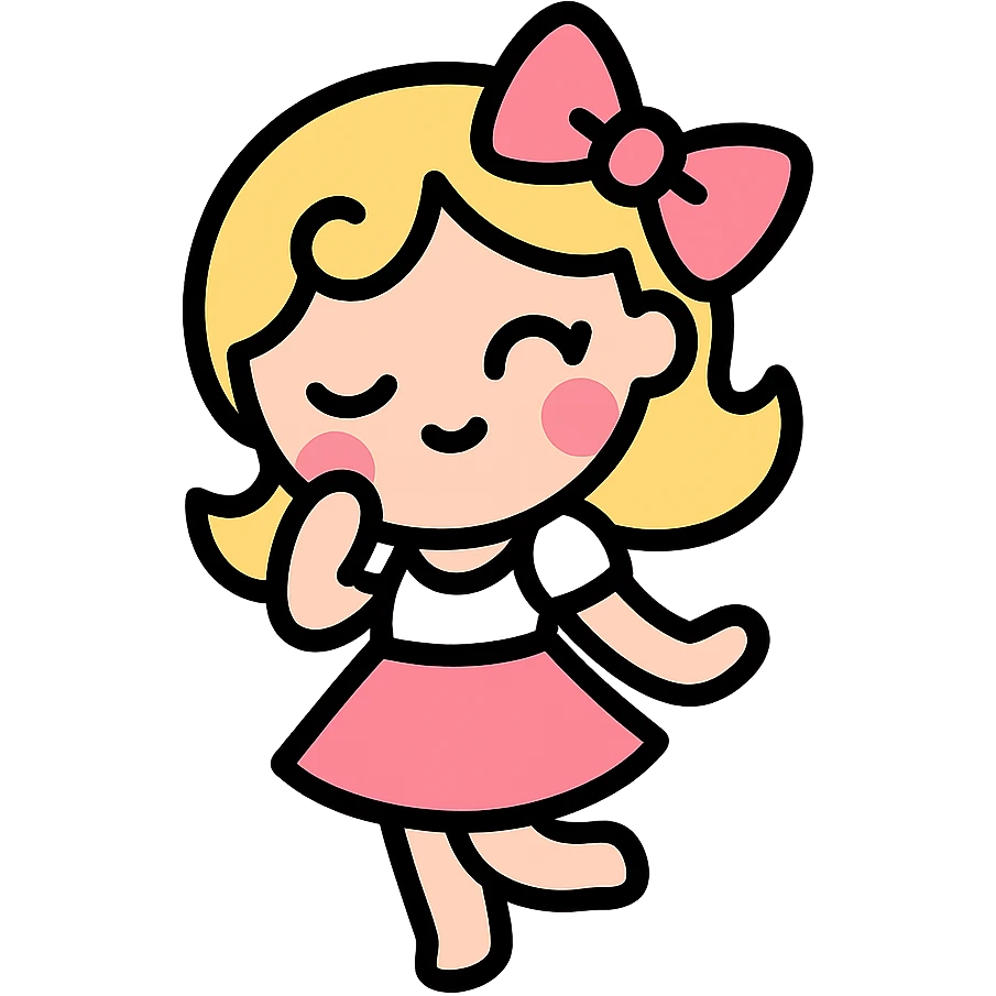 coquette, playful pose, pink and white palette, cute bow, color icon style emoji