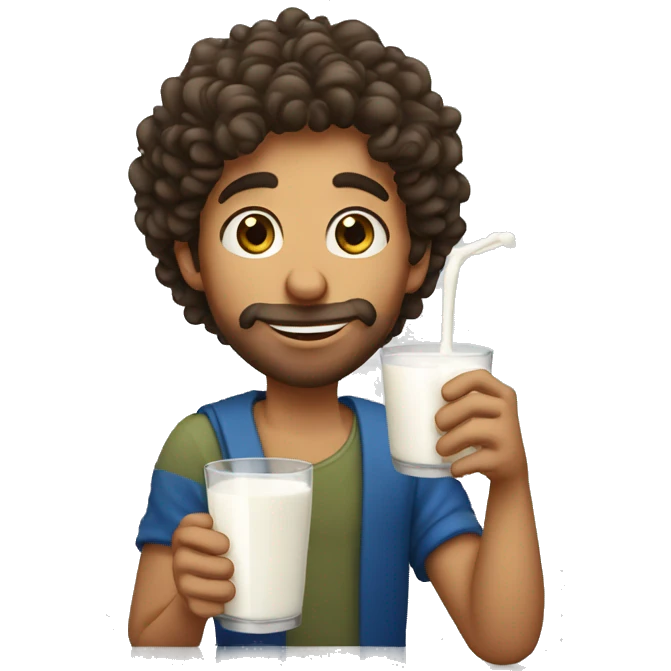 Mediterranean guy with curly hair drinking glass of milk emoji