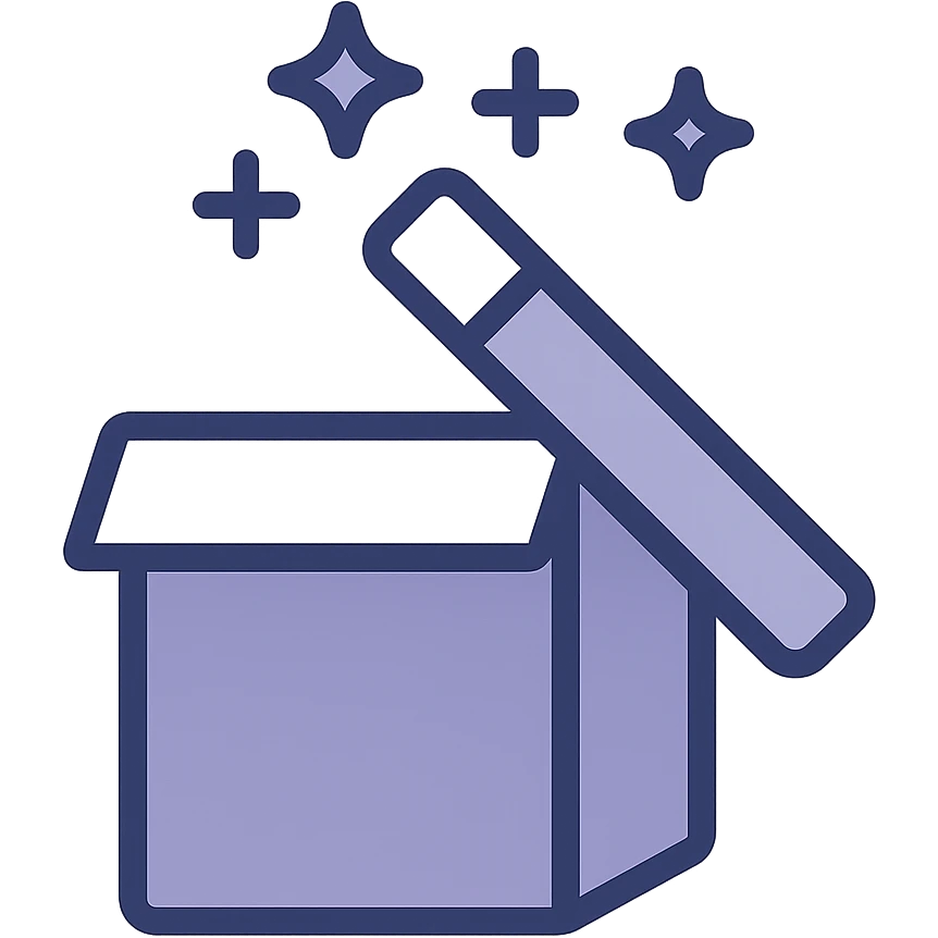 a modern flat style icon of a box with a magic wand on top, suitable for an icon emoji