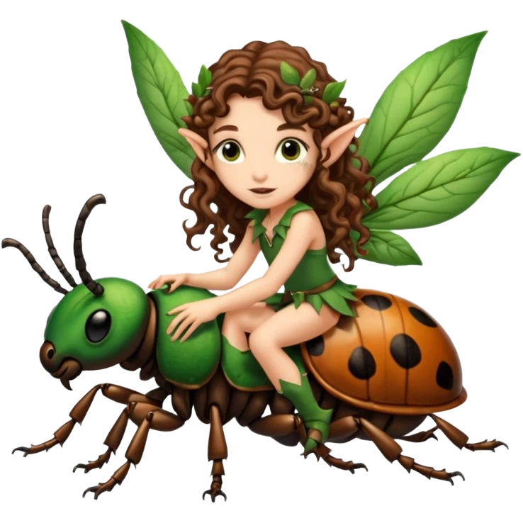 tiny forest elf long curly brown hair tattoos riding beetle emoji