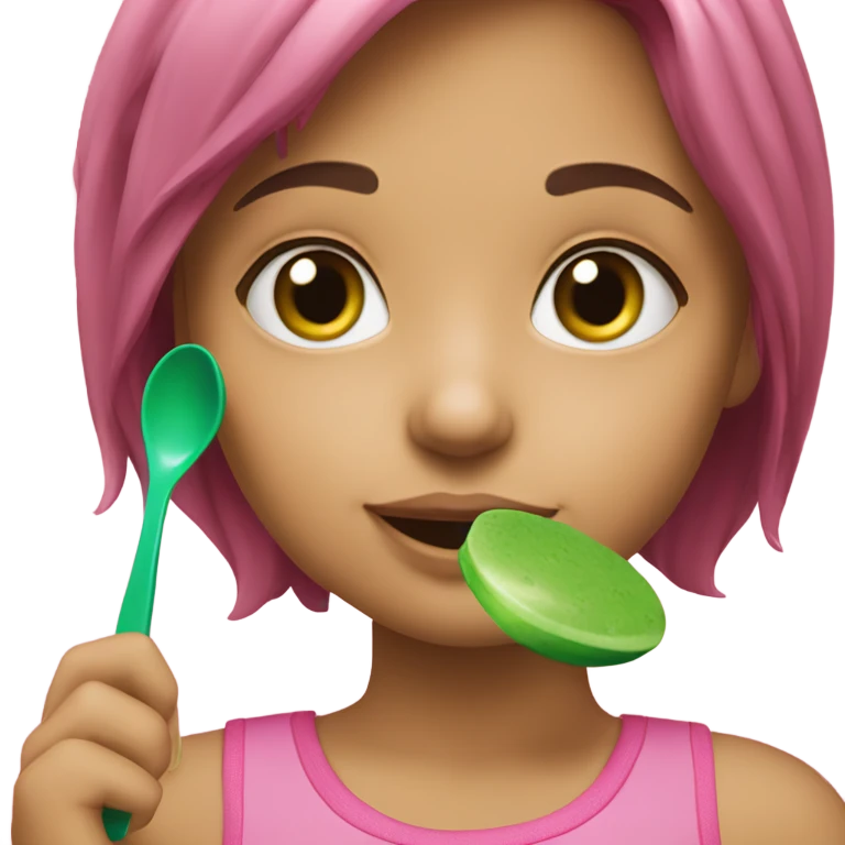 a girl touching her pink lunchbox with green spoon bob haired girl  emoji