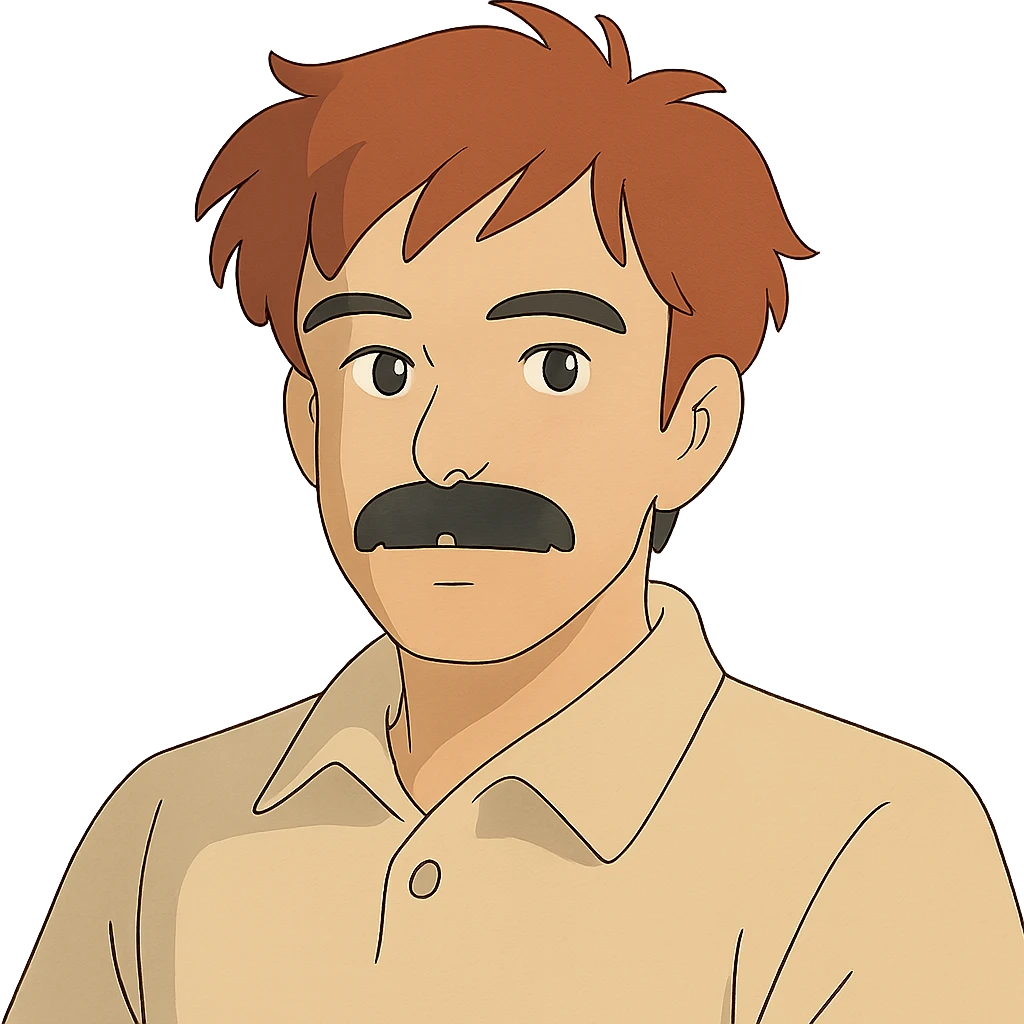 asian man with black mustache and red hair, 90's anime style portrait, ghibli style emoji
