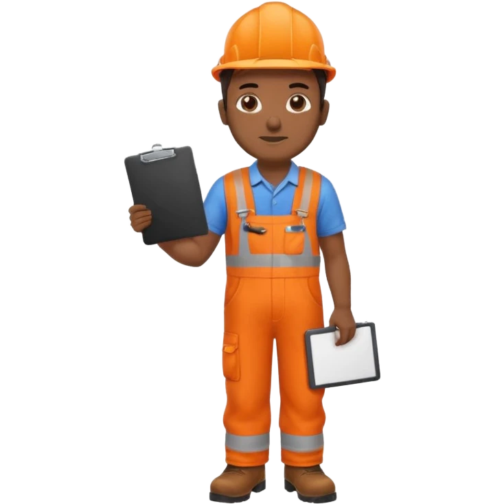 Indian male railway engineer orange overalls, boots holding a clipboard in one hand emoji