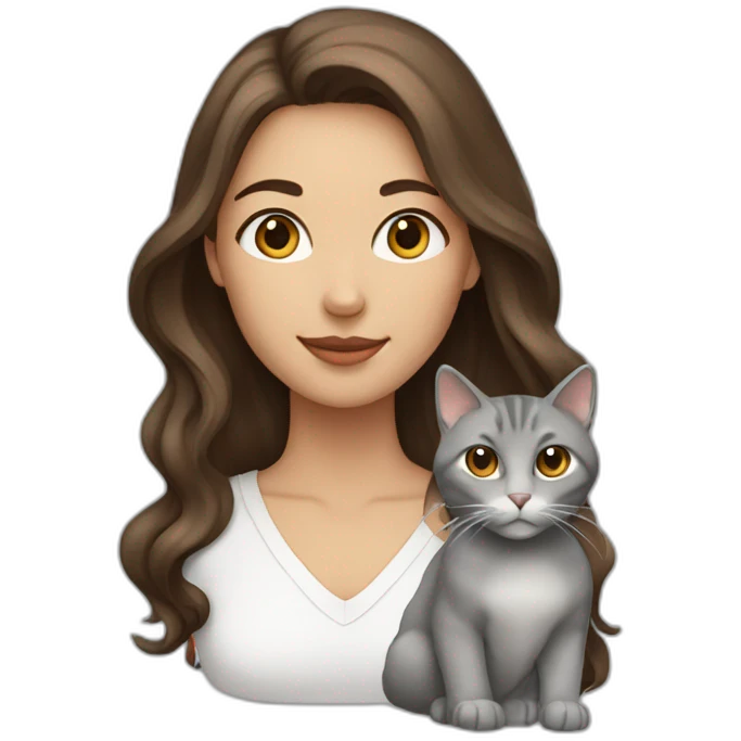 A woman with long wavy brown hair and a grey cat emoji