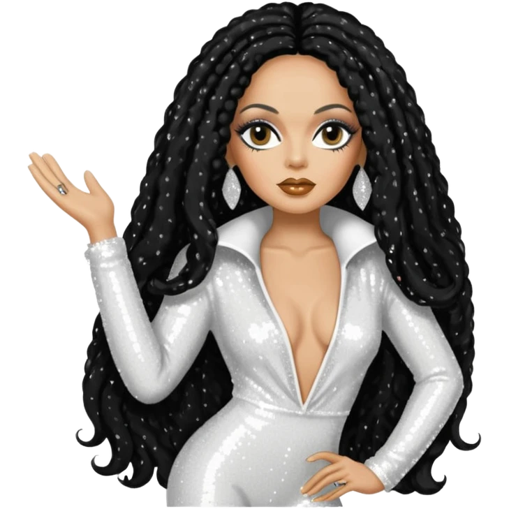Diana Ross with long jet black hair, white sequin outfit emoji