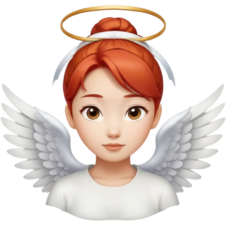 Asian angel with red hair in bun, oval face, and white wings emoji