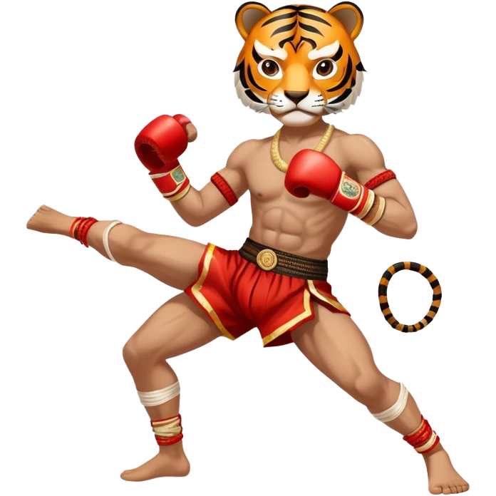 A fierce Muay Thai fighter wearing traditional mongkhon headband and elbow/knee wraps, in fighting stance with a tiger-like intensity, compact and stylized, with gold and red accents emoji