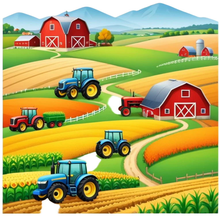 colorful rural landscape, inspired by farming simulators like Farming Simulator 22. The design shows fields, tractors, and barns, with vibrant crops and animals in the background. The peaceful farming scene symbolizes the immersive experience of managing a farm, with a transparent background emoji