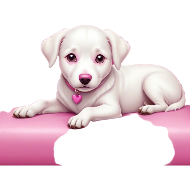 white dog lays on sofa pink  emoji