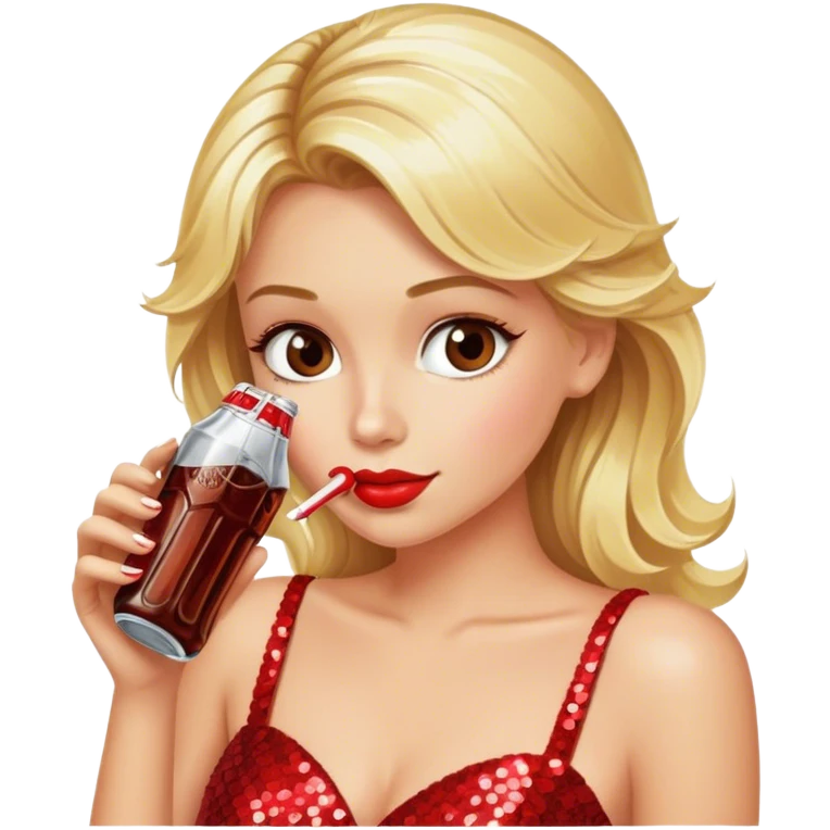 Blonde model wearing red sequin gown sipping diet cola emoji