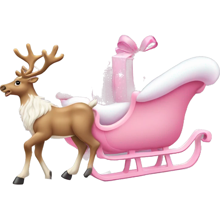 Pastel pink Santa sleigh filled with pastel pink present being pulled by reindeer, wearing pink bows emoji