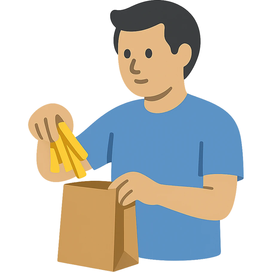 man putting fries in a brown paper bag, flat color style emoji