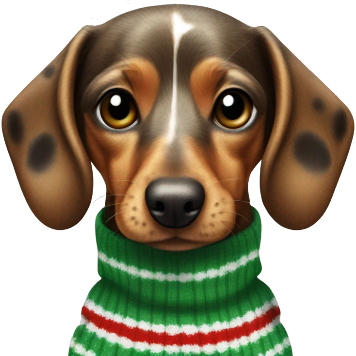 Speckled dachsund wearing a stripy Christmas jumper emoji
