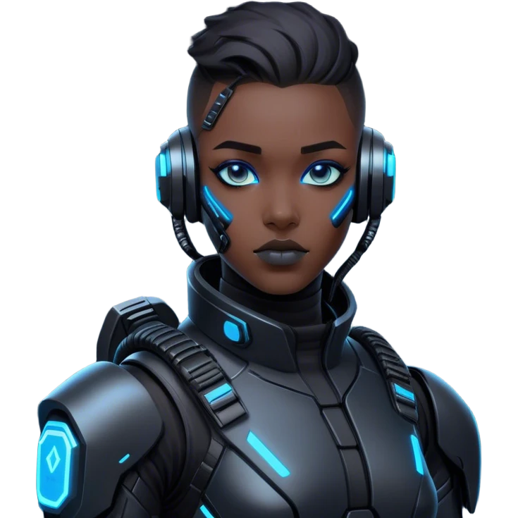 A futuristic cyberpunk soldier, black exosuit, neon blue accents emoji