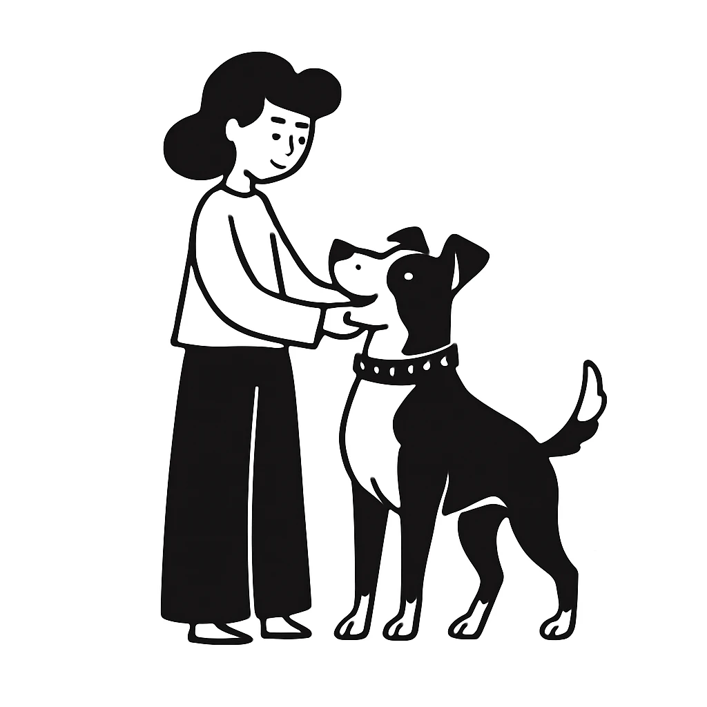 Make the pitbull black and white while keeping the woman and the overall style the same. emoji