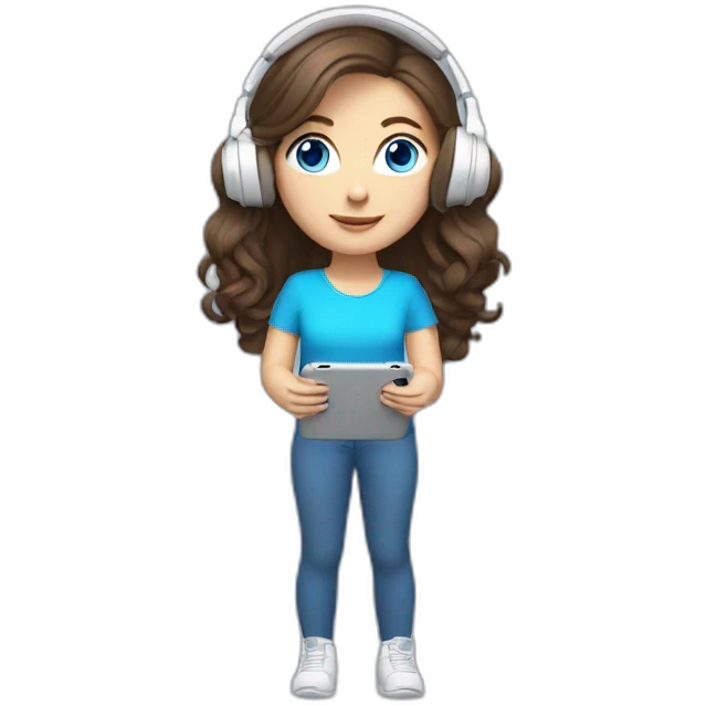 brunette white girl with long hair blue eyes listening to music with her phone in her hand with white wired headphones  emoji