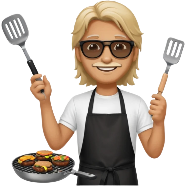 long hair man grilling wearing shade smiling in a white tshirt and a black apron grilling burger and meat on a sizzling grill emoji