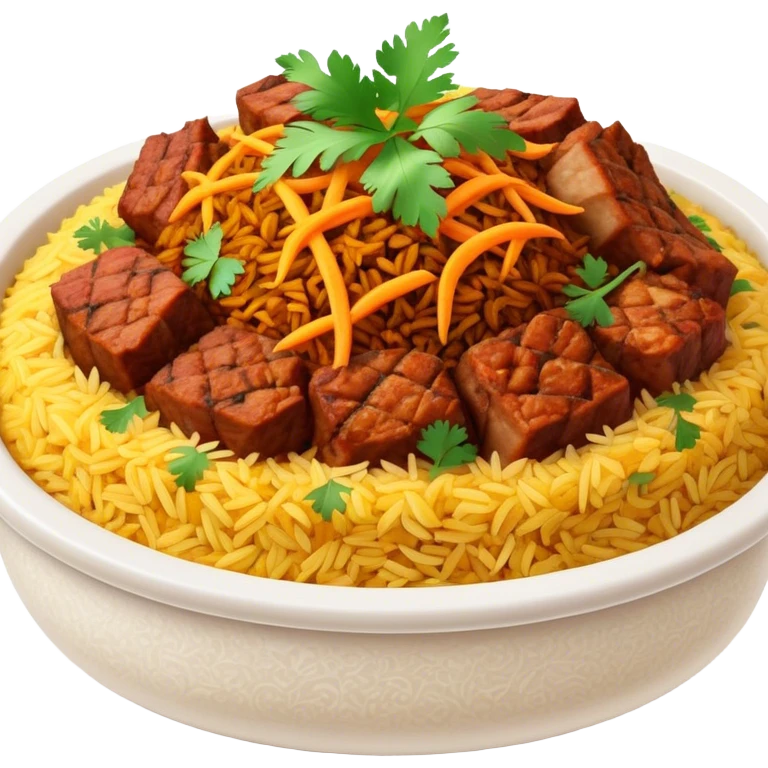 Cinematic Realistic Biryani Dish Emoji, depicted as aromatic basmati rice layered with spiced meat and herbs rendered with vibrant textures and warm, inviting lighting. emoji