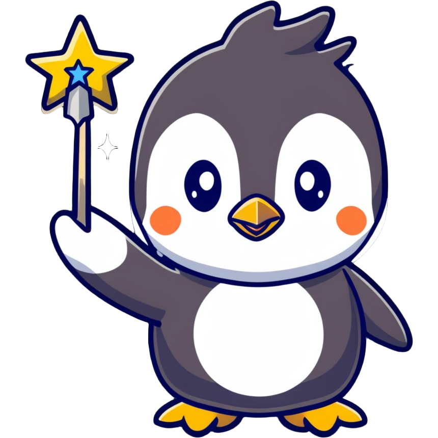 cute penguin casting a magic spell with a starry wand emoji