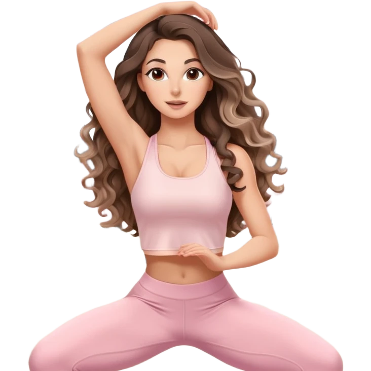 beautiful brunette with a light balayage white girl with nice defined and long curls , very long hair, clean girl makeup STRETCHING HER BODY IN LIGHT PINK GYM emoji