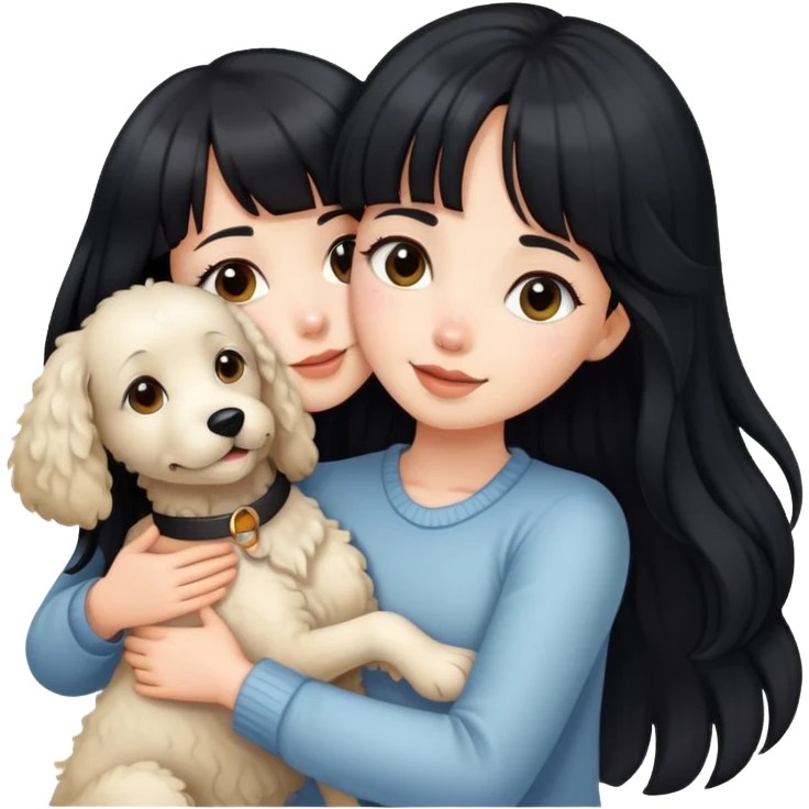 A beautiful girl with long straight black hair and bangs hugs a light-colored curly dog emoji