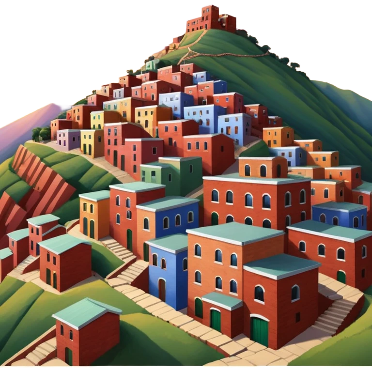 Urban Peruvian hillside neighborhood, brick houses stacked on steep hills, unfinished red brick buildings, colorful painted facades, narrow stairways, electric cables crossing the sky, sunset lighting, realistic style, cinematic, high detail emoji