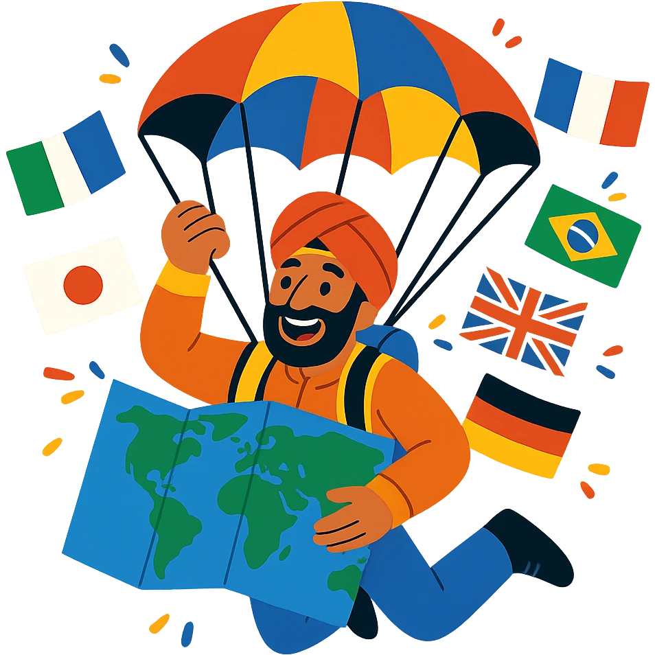 A delighted tourist from cultural descent, parachuting with a world map, current artistic style, bright and vibrant colors, various flags, detailed and animated. emoji