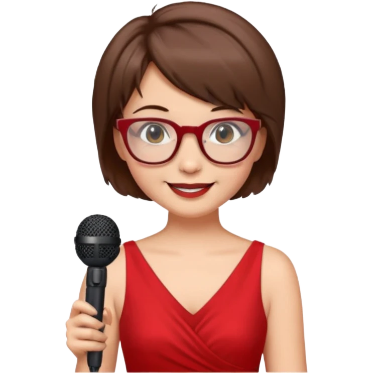 singer, Old, brown short hair, holding mic, red dress, glasses emoji