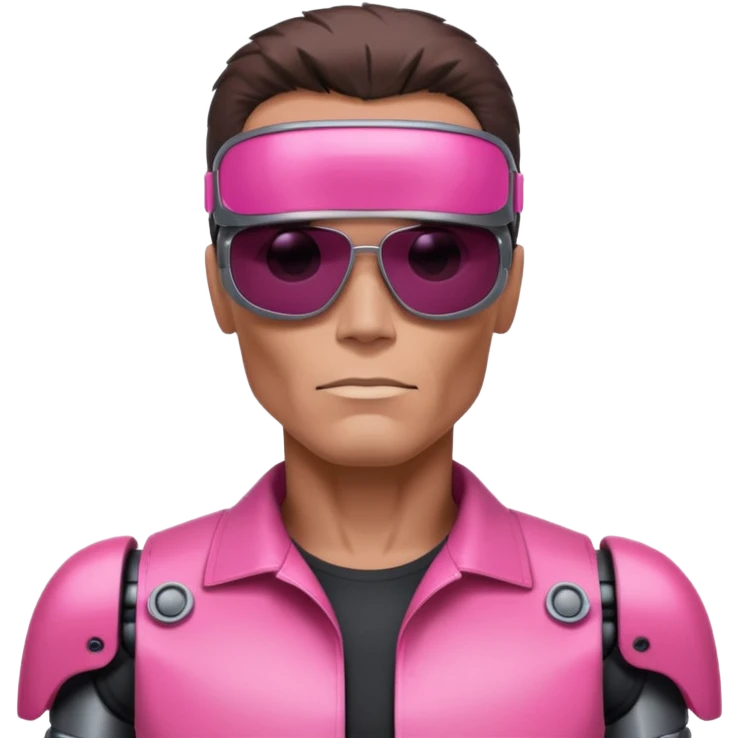 Schwarzenegger-like Terminator, upper body only, wearing his iconic clothes in pink (all clothes must be pink), looking more human with minimal robotic details, and wearing dark sunglasses. emoji