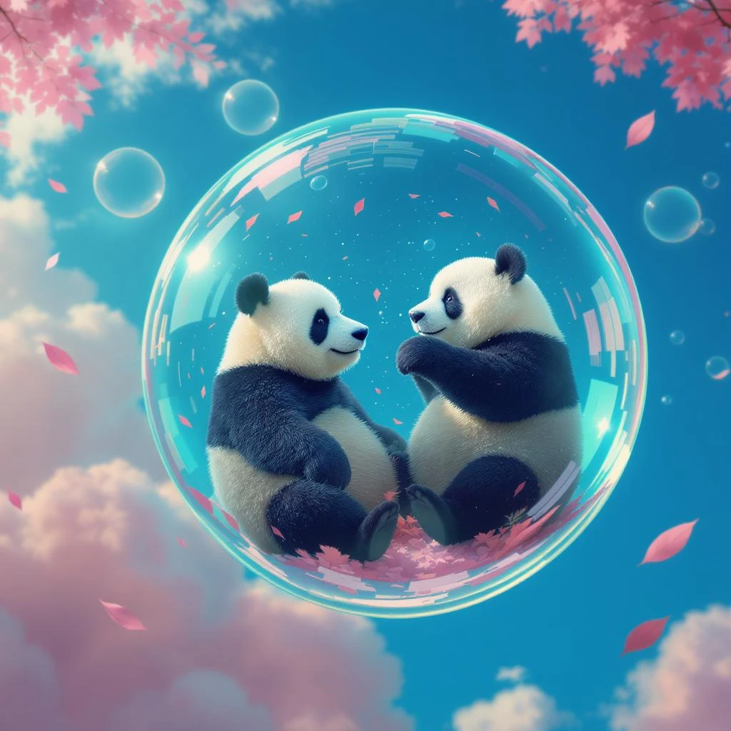 Realistic, Minimalistic Cinematic still of pandas bears sitting inside flying bubbles, blue sky filling background , pink clouds, pink leafs falling around emoji