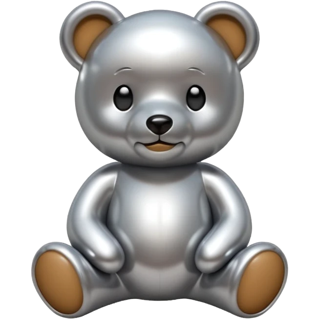 A cute teddy bear emoji made of liquid silver chrome, smooth rounded body, glossy metallic surface, soft reflections, friendly proportions, iOS emoji style, centered, clean white background emoji