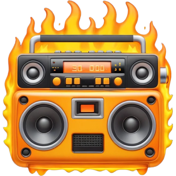 A cute 3D emoji of a retro boombox speaker with a funny shocked face, melting into orange and yellow flames, vibrant "fire" colors, high-end 3D render, white background. (This is a recreation of the fire emoji) emoji
