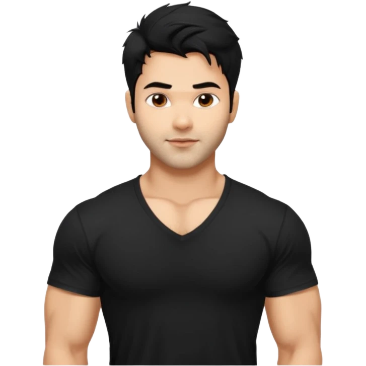 generate a pretty bratz Varun Dhawan with 
Make him wear a black v neck tshirt. muscular but still lean
He shoudl look exactly like VArun DHawan.  messy black hair emoji