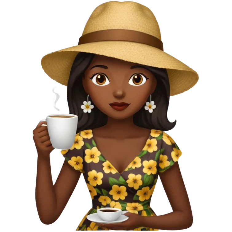 black woman drink coffe with hat dress  emoji
