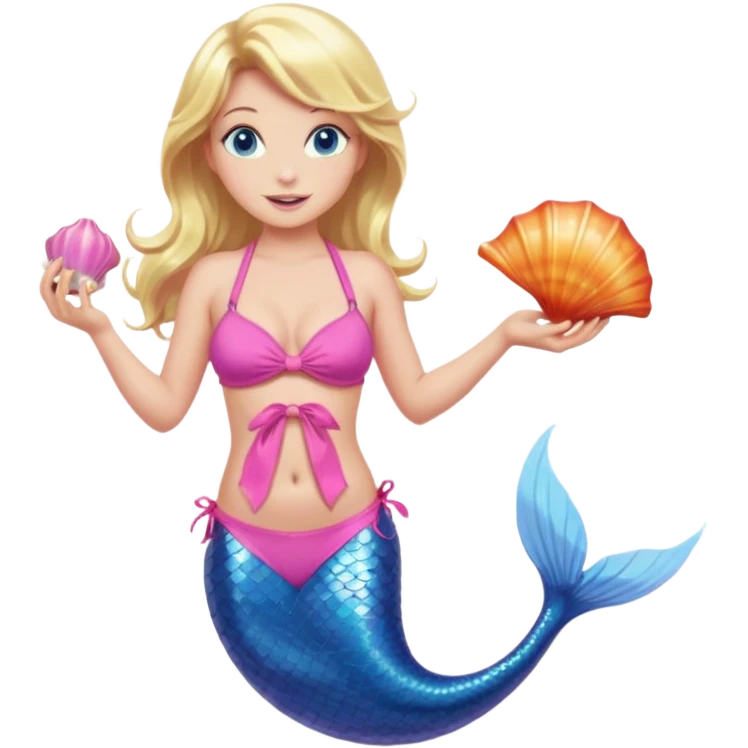 mermaid woman with blonde hair and blue eyes, a pink bikini top and an ALL pink tail holding a shell emoji