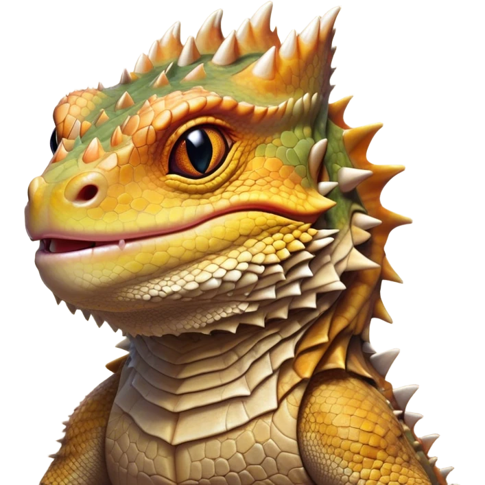 Cinematic Noble Bearded Dragon Portrait Emoji, Poised and regal, with a robust, angular build and a textured, scaled hide in earthy olive and sandy tones, a prominent spiky 'beard' beneath its chin and a keen, alert gaze, Simplified yet sharp and sophisticated features, highly detailed, glowing with a soft, dignified glow, high shine, intelligent and fierce, stylized with an air of desert majesty, focused and attentive, soft glowing outline, capturing the essence of a watchful and commanding reptile, so majestic it feels as though it could scuttle out of the screen with effortless authority! emoji