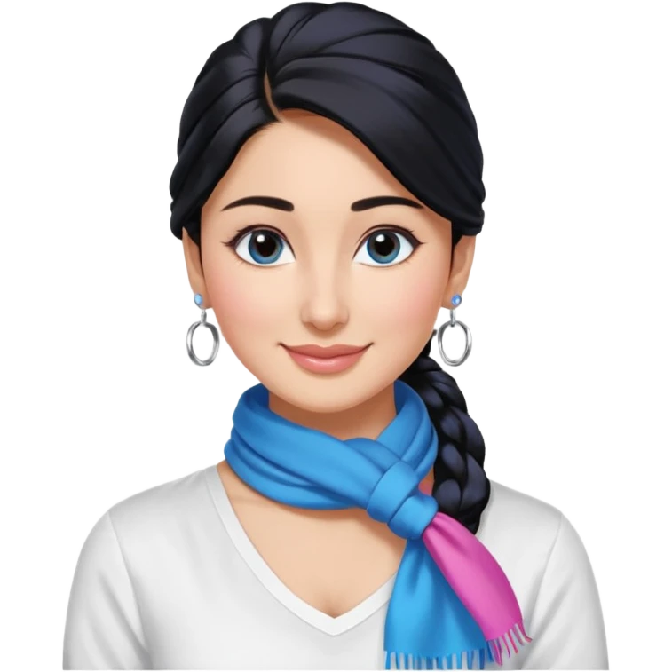 generate a pretty bratz emoji 
Make her wear a white shirt with a colorful blue-pink scarf wrapped around her neck. smiling big. Black hair tied into a side part ponytail, silver hoops and no necklace

She should look exactly  like Kareena Kapoor. kajal under eyes emoji