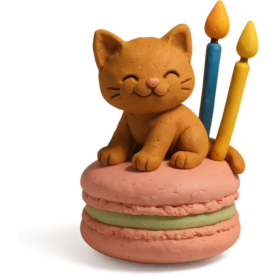 kitten riding giant macaron with candles, claymation style emoji