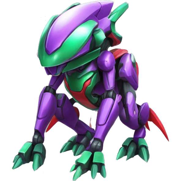 a shiny purple-green-red Genesect-Raptor-Fakémon—hybrid with a futuristic visor-helmet full body emoji