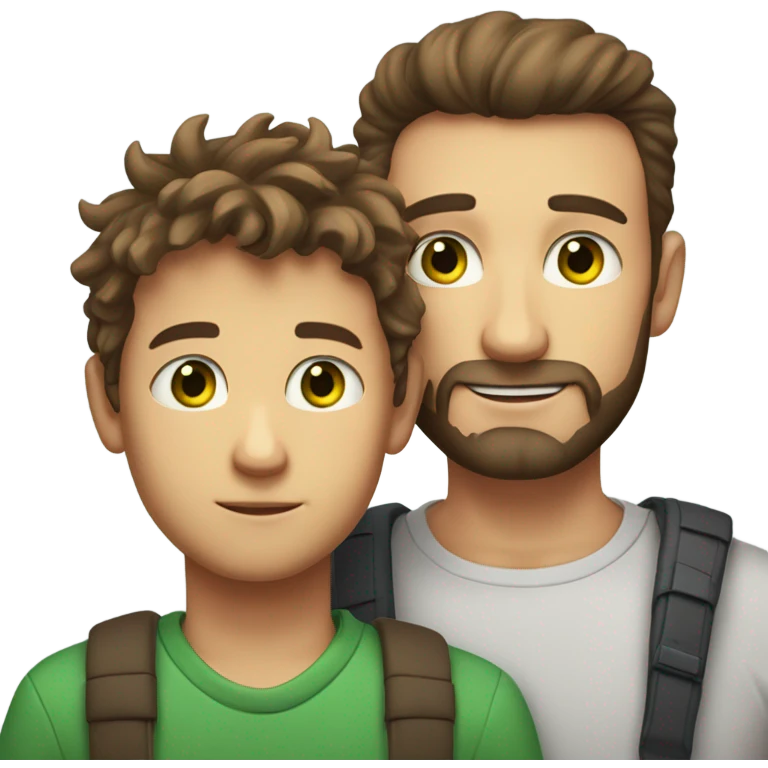 Handsome Father 40s green eyes with short full beard with Son 13s light brown eyes tousled bedhead look both has brunette hair light skin arms on shoulder portrait emoji