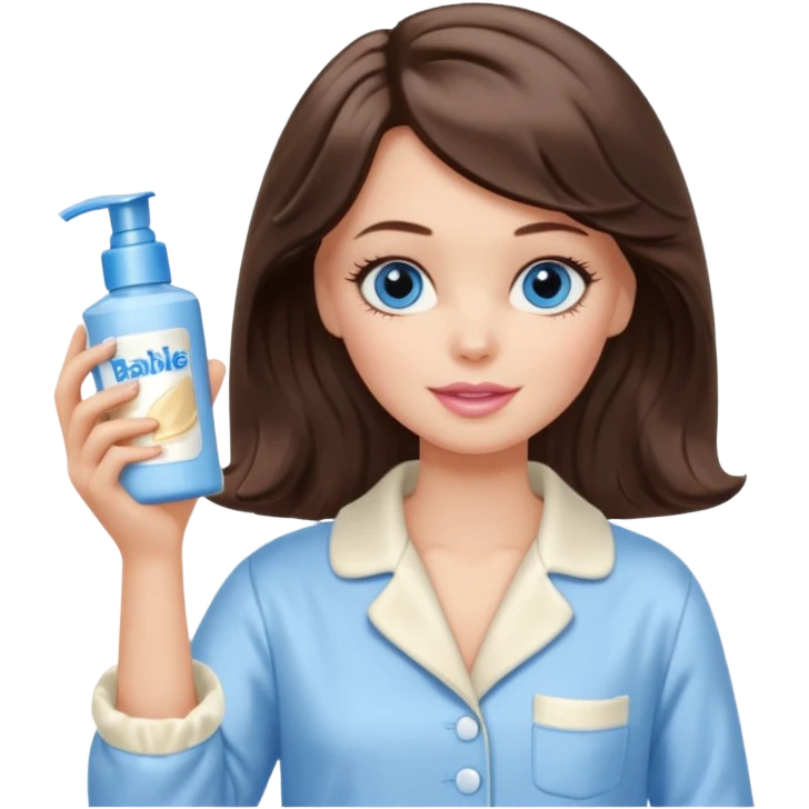 Barbie girl with makeup, blue eyes , and bob long haircut wavy, short brown hair in creamy color pajamas, face cream in hand emoji