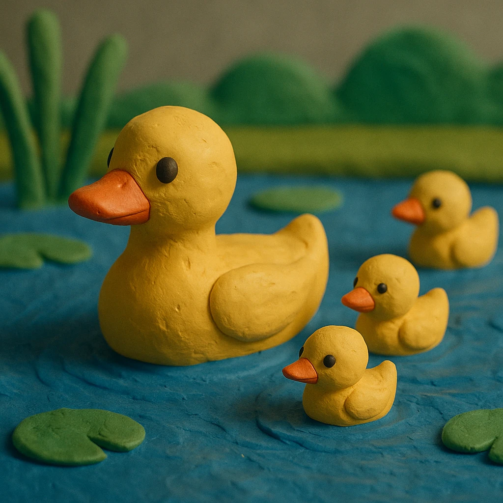 duck family swimming in a pond, vibrant colors, soft lighting, textured look, claymation style emoji