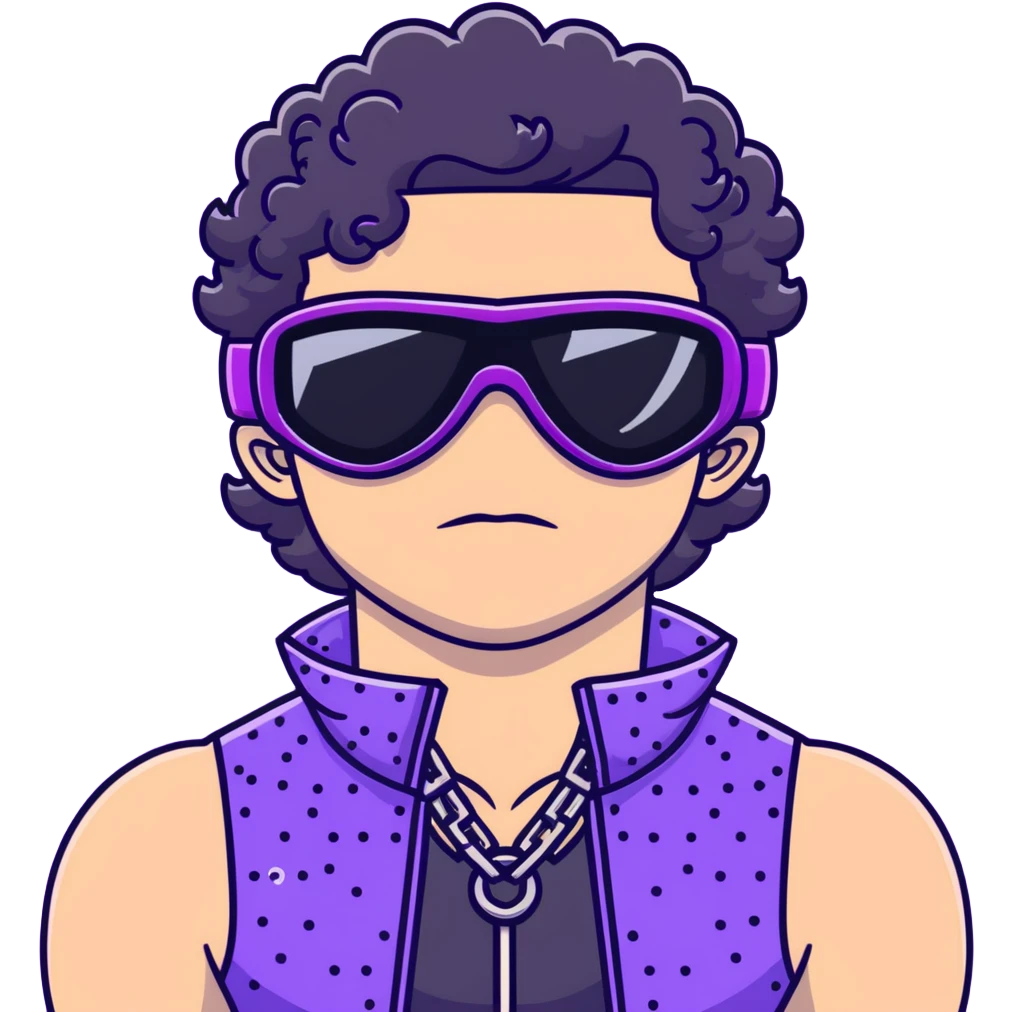 male athlete with white skin and moderately curly black hair on top with shaved sides, wearing ski goggles with purple frames and very dark black lenses, a simple plain black chain necklace, and a completely unzipped shiny vest with purple and black sequin fire pattern design, fully revealing his chest and abs, no earrings emoji