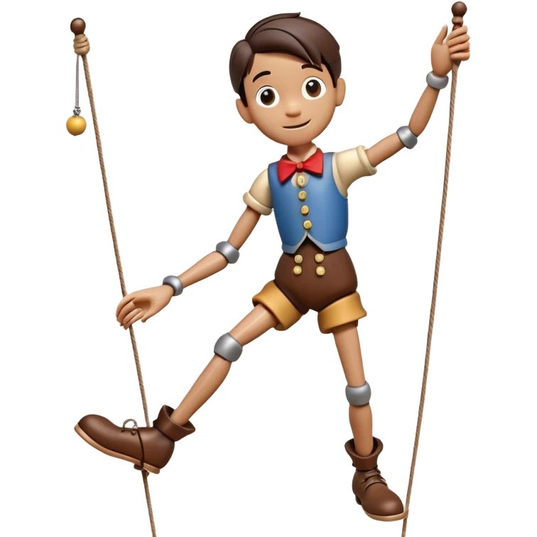3D render of Pinocchio Boy as a wooden marionette puppet, Long nose, wood grain skin, strings, silver metal screw joints at elbows and knees, polished brown wood texture, rigid toy pose, Apple emoji style, isolated on white background --v 6.0. emoji
