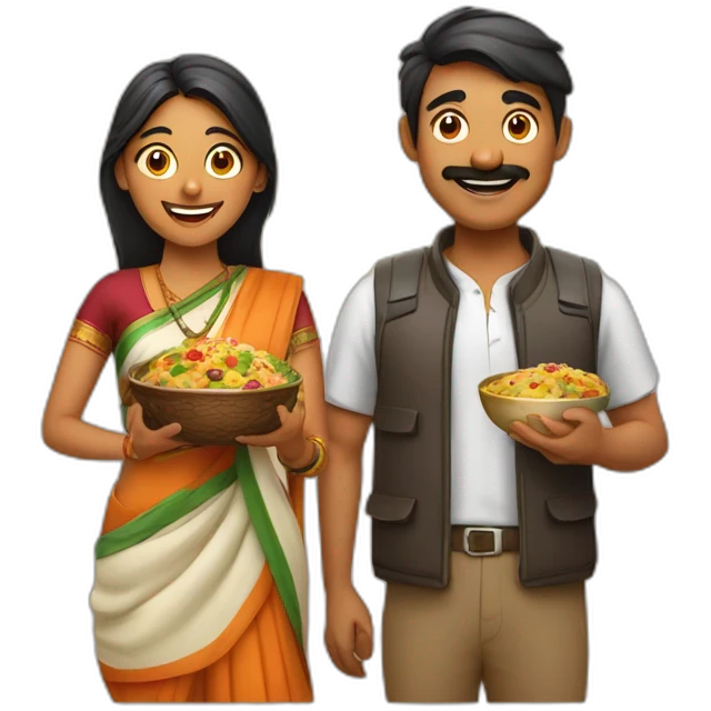 Indian man and woman with camera in one hand and food in other hand, happy smiling emoji