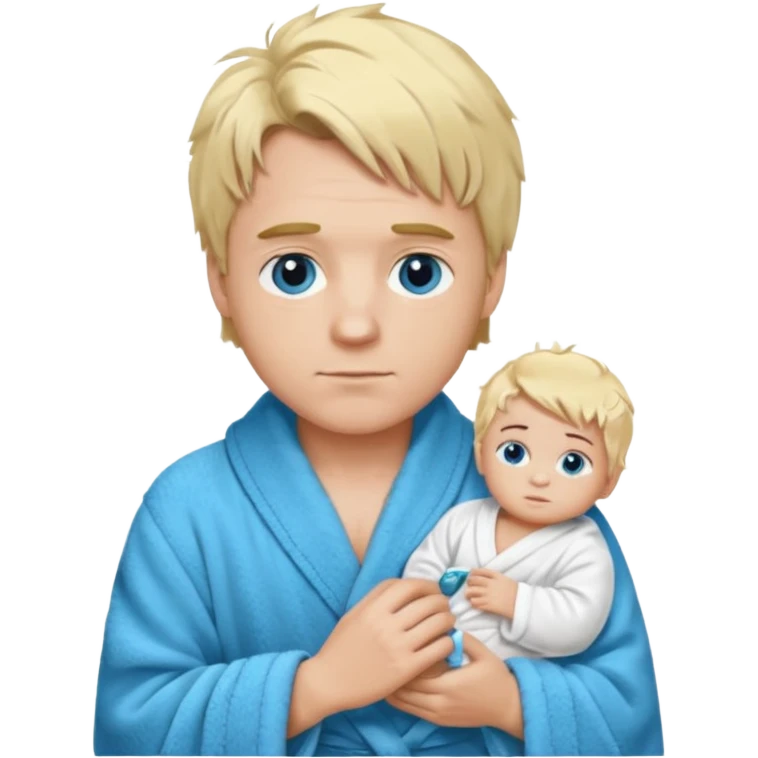 A white man with blue eyes, medium-length blond hair, a blue Cartier watch on his wrist, and a black and white bathrobe. His hair is messy, and he has a baby face. emoji