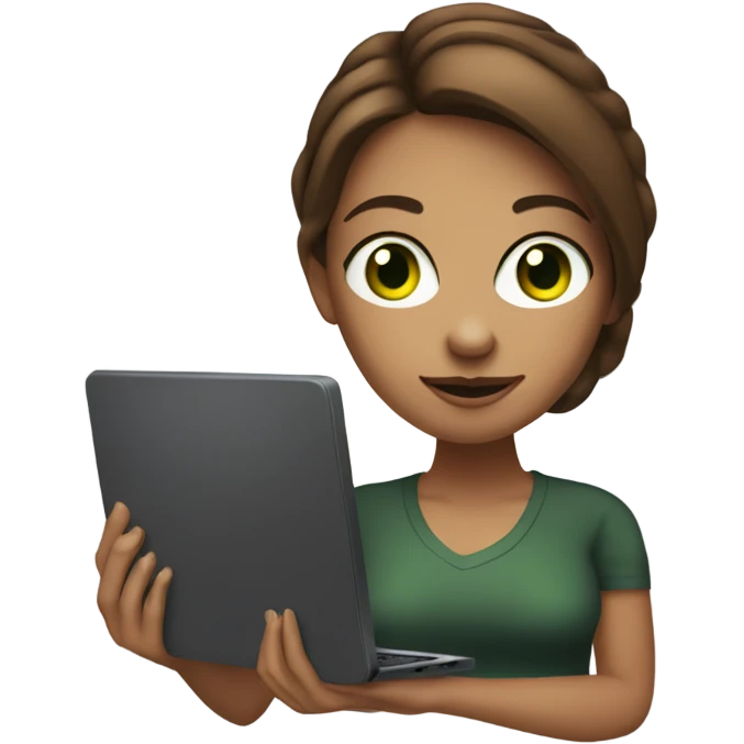 Web designer carrying a pc in her hands. white woman with medium-length brown hair, green eyes and freckles on her nose. emoji