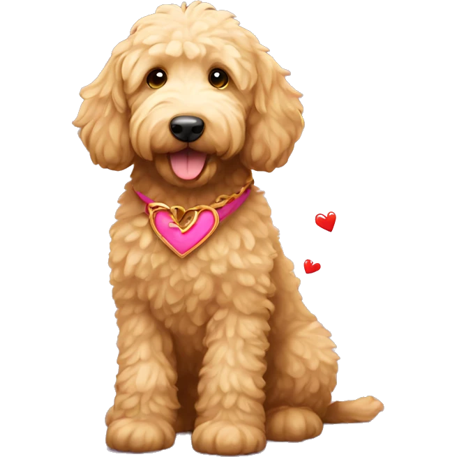 Golden doodle holding a heart emoji