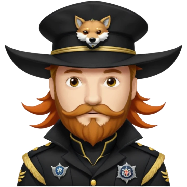 An auburn-hair'ed admiral with a flawless bear and mustache wearing a black admiral outfit and hat with Wolf Ears coming out of the hat, and 9 tails behind him, with the admiral black shirt featuring on the left breast pocket the insignia of Helldivers 2 emoji