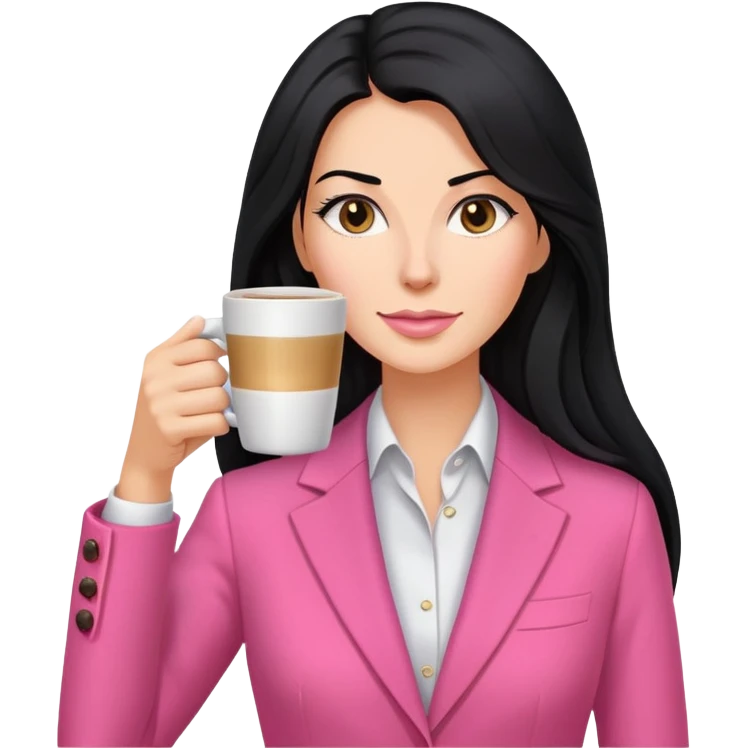 business dressing pink clothes woman  caucasian with a long black hair drinking coffee emoji